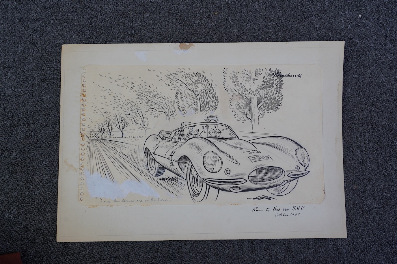 Russell Brockbank (English, 1913-1979), Jaguar XKSS; “I see the leaves are on the turn”., ink and wash on paper heightened with white, 17 x 30cm, unframed